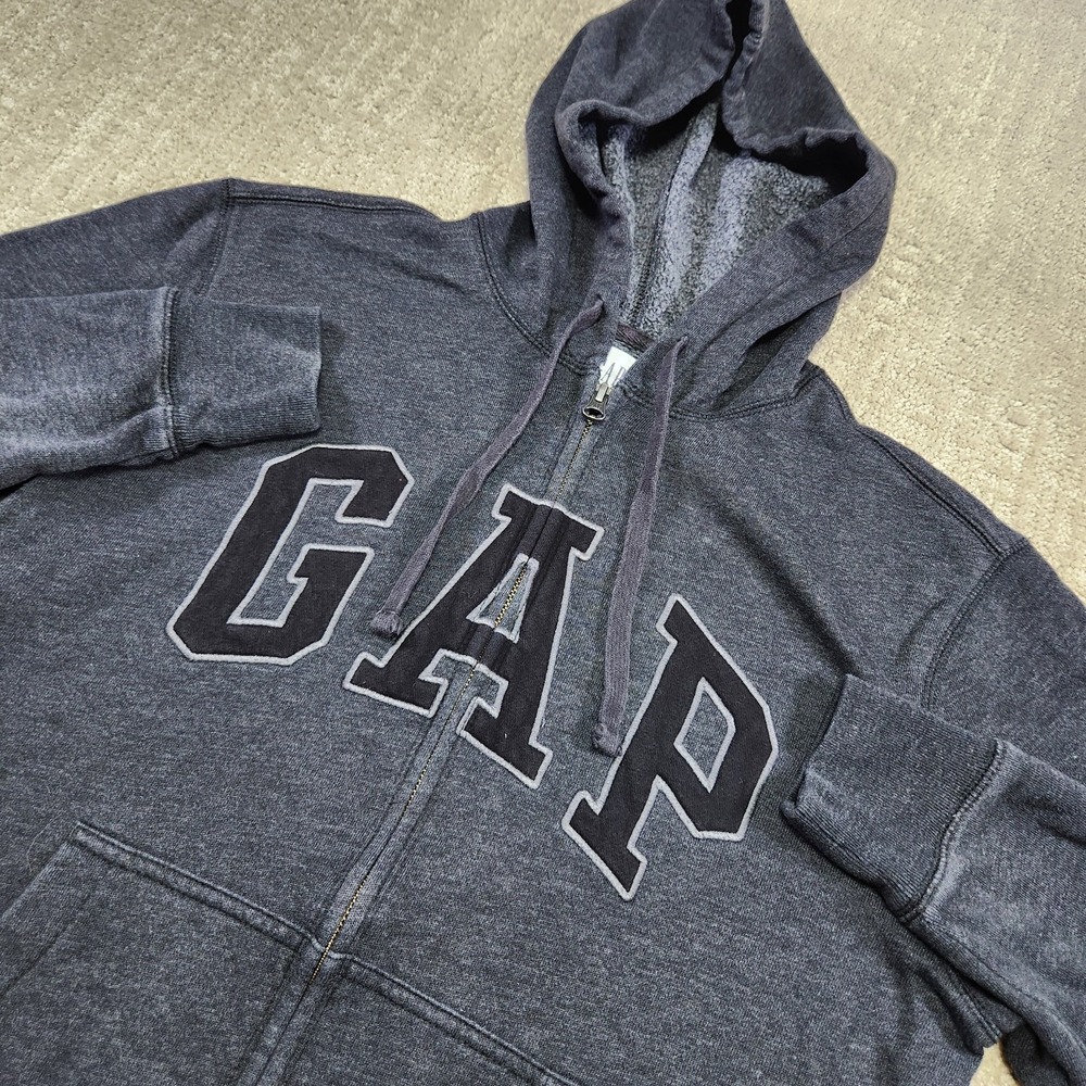 Gap Hoodie Men Small Full Zip Logo Cotton Fleece Gray‎ Sweatshirt Y2K Style